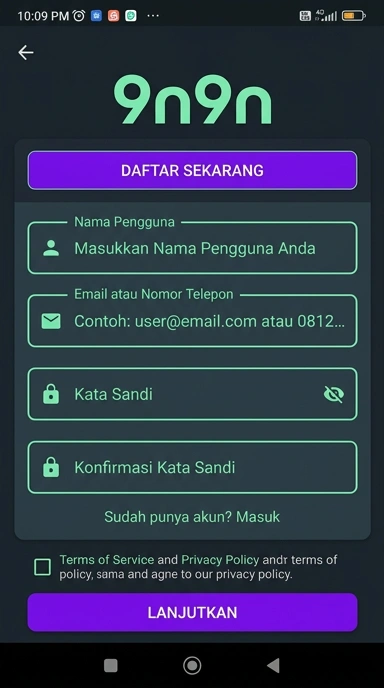 Tampilan halaman daftar 9n9n
